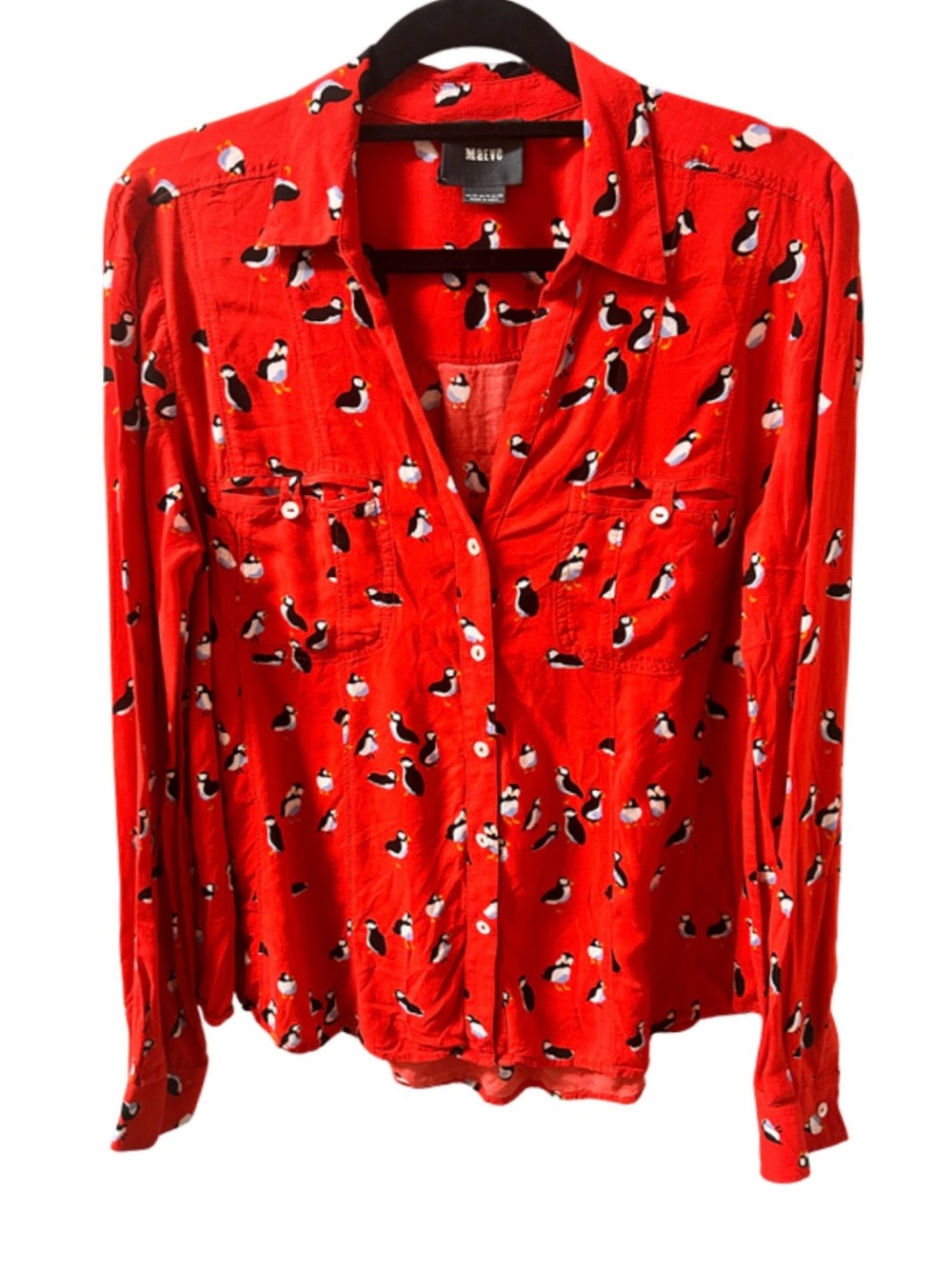 Anthropologie Maeve Red Puffin Bird Print Button Down Blouse Shirt Top Size 10